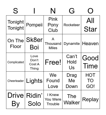 Pop Hits Bingo Card