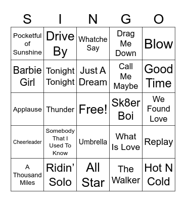 Pop Hits Bingo Card