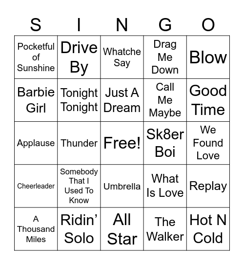 Pop Hits Bingo Card