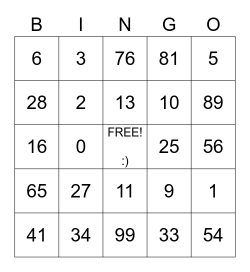 Number Bingo Card