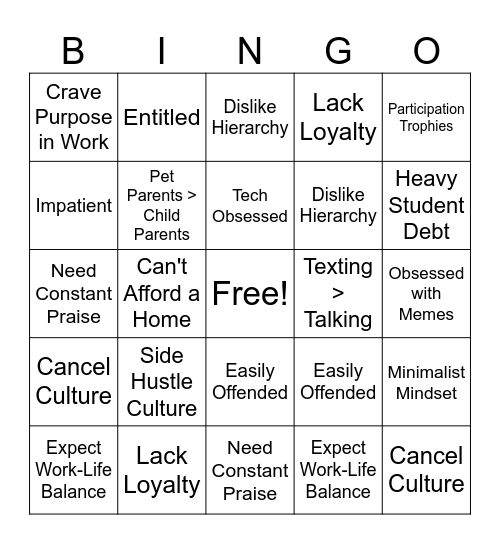 Millennial Bingo Card