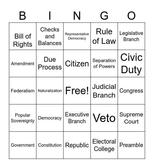 Civics Vocab Bingo Game #1 Bingo Card