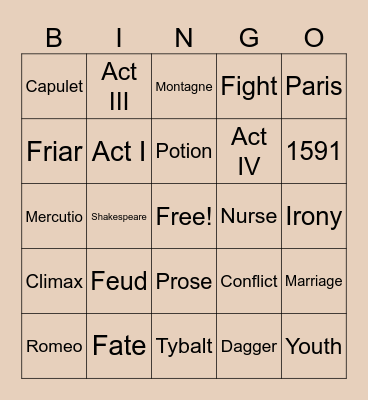 Romeo & Juliet Bingo Card