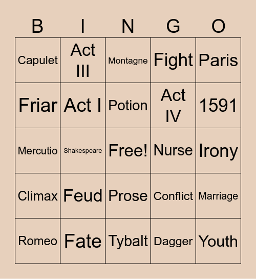 Romeo & Juliet Bingo Card