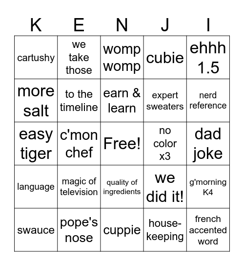 Chef Kenji Bingo Card