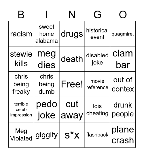 Family Guy Bingo Card
