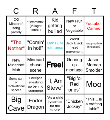 A Minecraft Movie Bingo Card