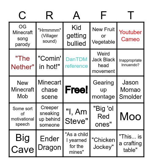 A Minecraft Movie Bingo Card