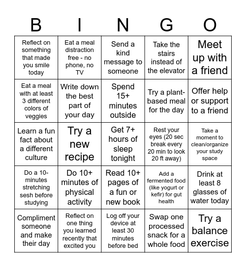 Wellness Bingo Challenge Bingo Card
