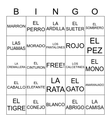 ANIMALS, CLOTHES and COLOURS Bingo Card