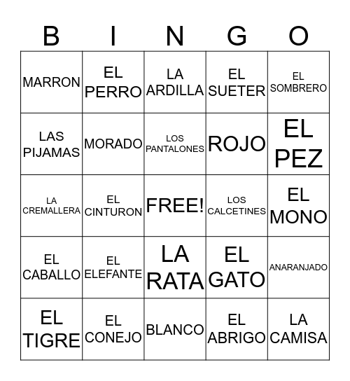 ANIMALS, CLOTHES and COLOURS Bingo Card