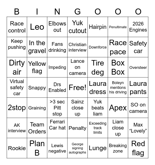 F1 Grand Prix Japan Bingo Card