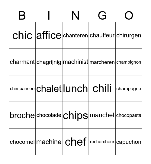 Woorden met ch Bingo Card