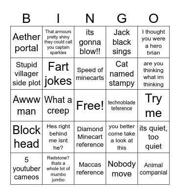 Minecraft movie Bingo Card