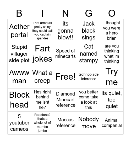 Minecraft movie Bingo Card