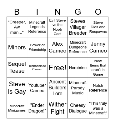 Minecraft Movie Bingo Card