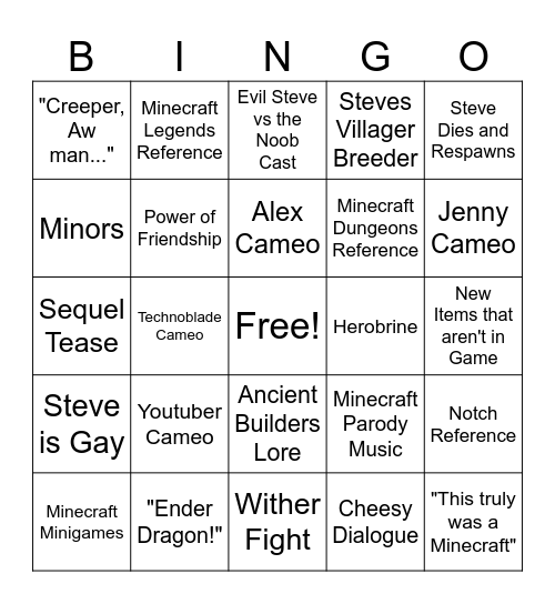 Minecraft Movie Bingo Card
