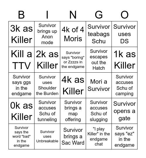 DBD Killer Bingo Card Bingo Card