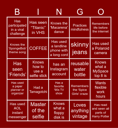 MILLENIAL BINGO Card