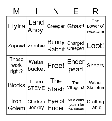 Minecraft Movie MINER Bingo Card
