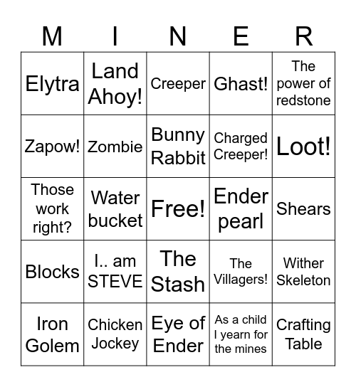 Minecraft Movie MINER Bingo Card