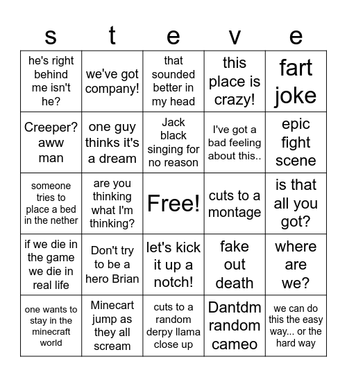 MINECRAFT MOVIE BINGO Card