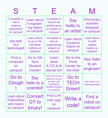 Virtual E-STEAM Adventures Bingo Card