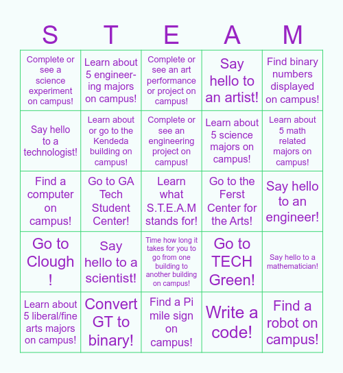 Virtual E-STEAM Adventures Bingo Card