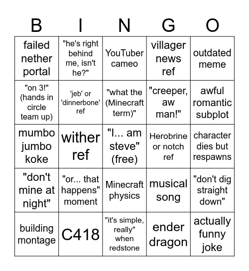 MC movie Bingo Card