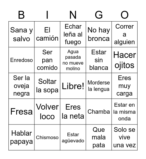 Modismos y La Jerga Bingo Card