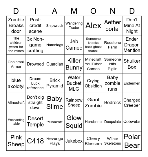Minecraft Movie Bingo Card