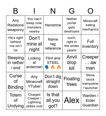 Minecraft Movie Bingo Card