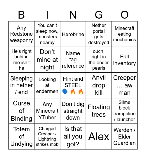 Minecraft Movie Bingo Card
