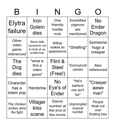 Minecraft Movie Bingo Card