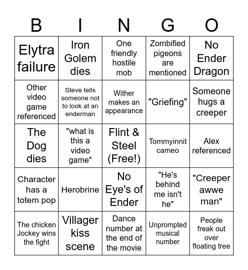 Minecraft Movie Bingo Card