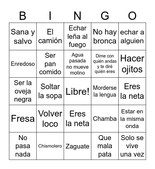 Modismos y La Jerga Bingo Card