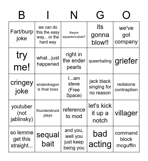 Minecraft Movie Bingo Card