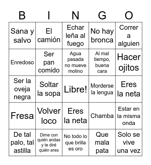Modismos y La Jerga Bingo Card