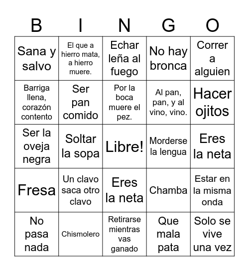 Modismos y La Jerga Bingo Card