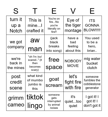 minecraft movie Bingo Card