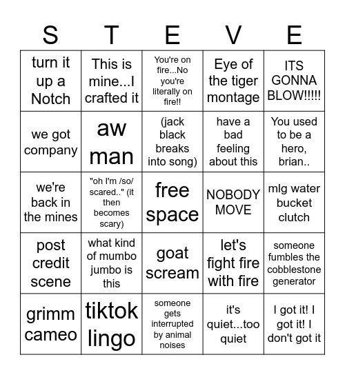 minecraft movie Bingo Card