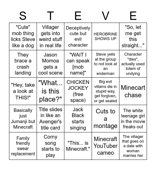 A Minecraft Movie Bingo Card Bingo Card