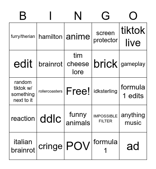 tiktok Bingo Card