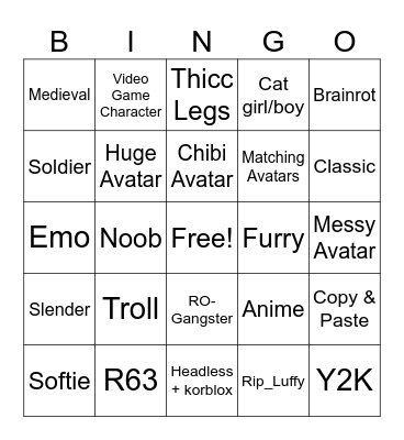 Roblox Avatar Bingo Card