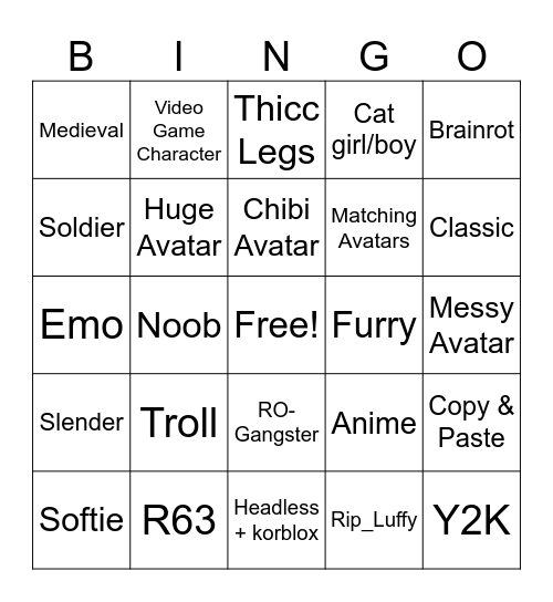 Roblox Avatar Bingo Card