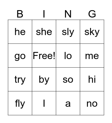 Open Syllable Bingo Card