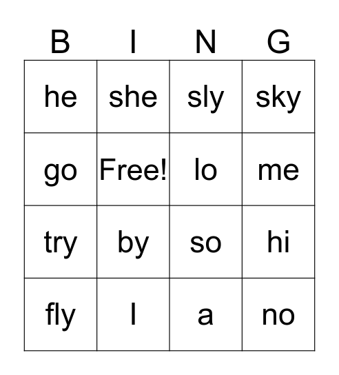 Open Syllable Bingo Card