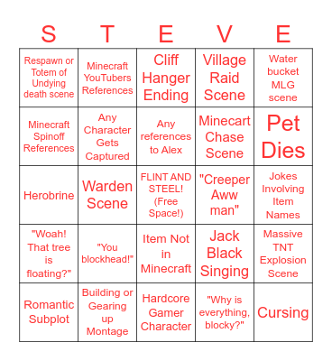 Minecraft Movie Bingo Card