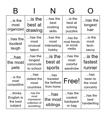 Superlatives Bingo Card