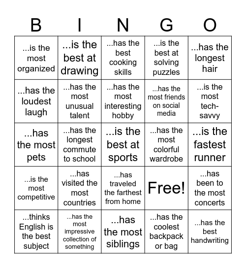 Superlatives Bingo Card